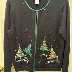 Talbots Black Cardigan with Festive Tree Design
